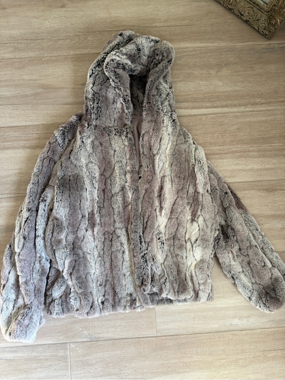 Olivaceous Taupe Hooded Faux Fur Jacket